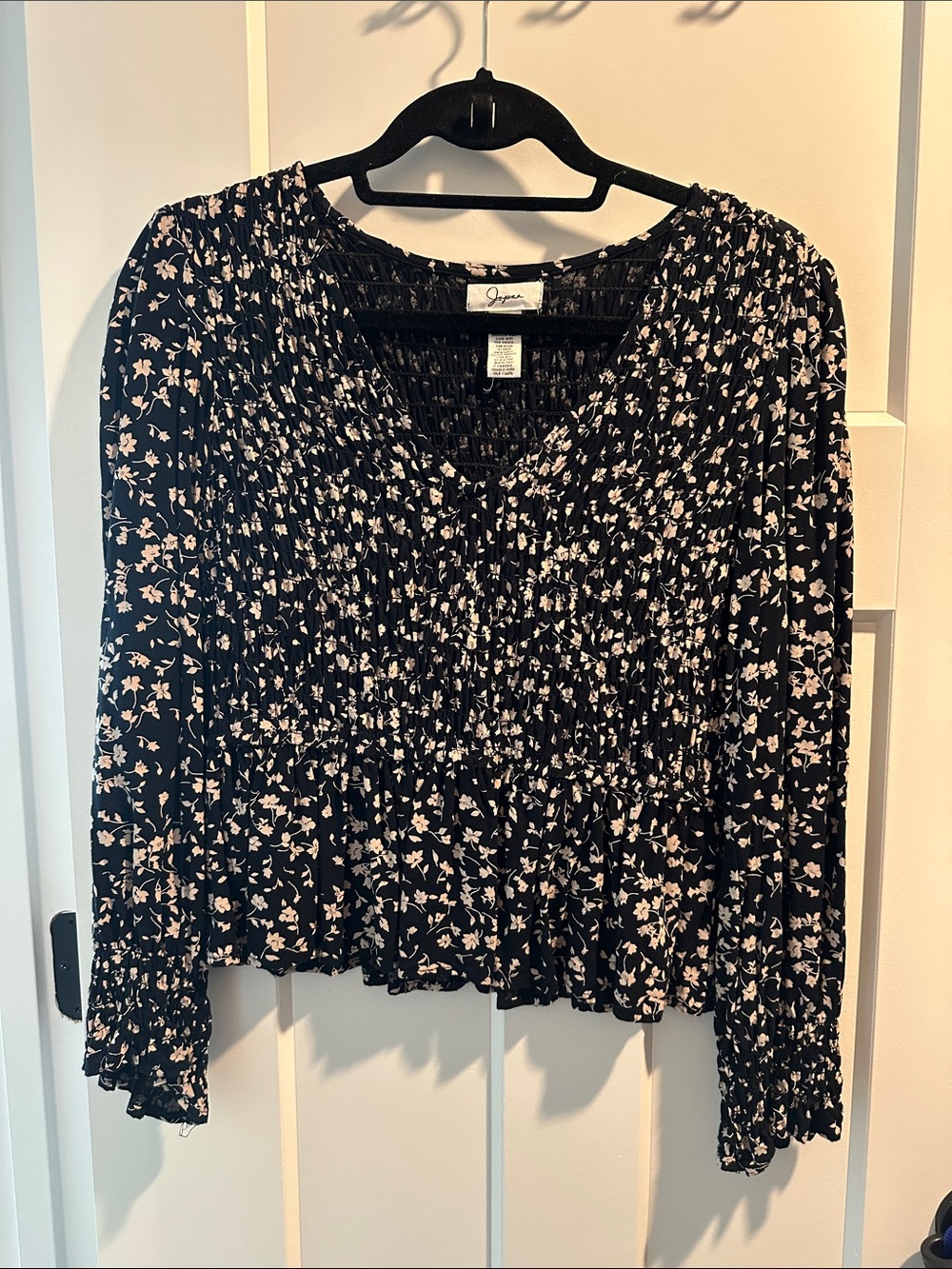 Japna Black Long-Sleeve Smocked Floral Blouse with Light Pink Flowers